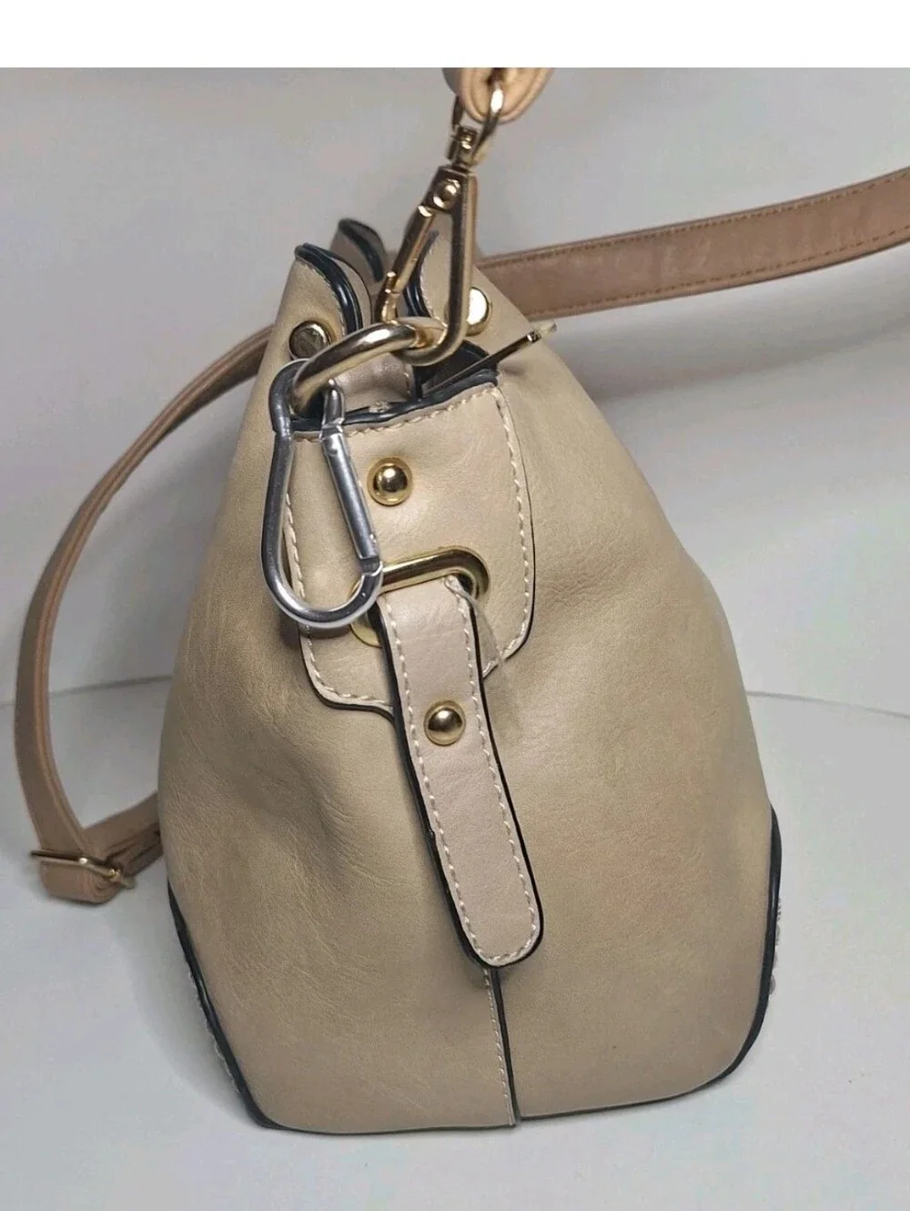 Simply Noelle Medium Beige And Tan Faux Leather Satchel Crossbody No Top Handles